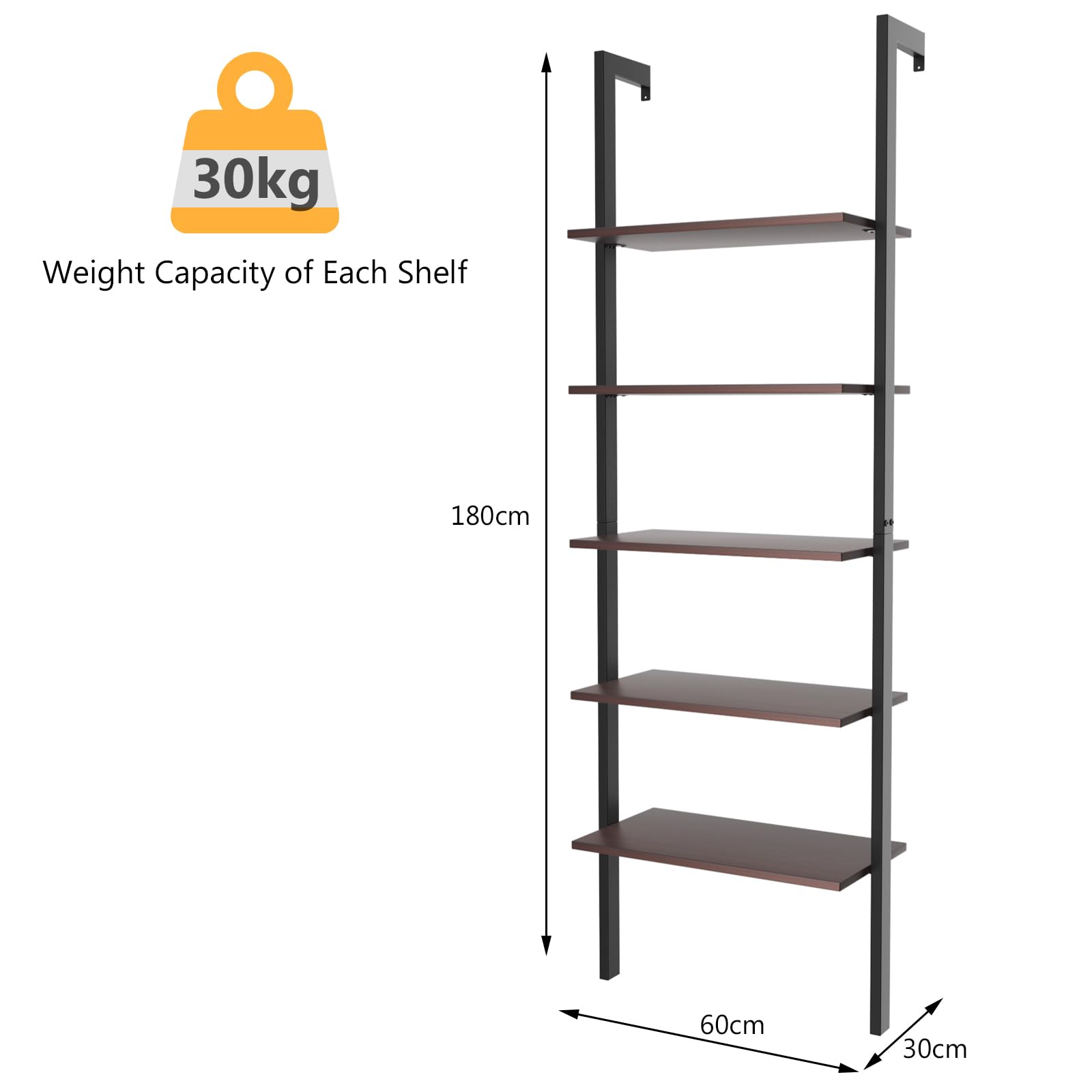 HOMASIS Estantería Escalera con 5 Niveles, librería de Pared con Estructura de Metal, estantes de Almacenamiento, Moderna estantería de pie, para Oficina en casa, salón, 60 x 30 x 180 cm (Marrón)
