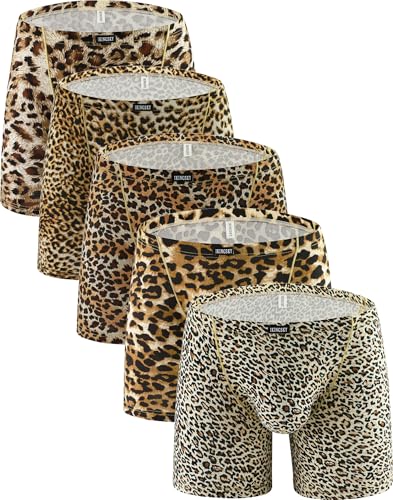 IKINGSKY Men's Leopard Long Leg Boxer Pouch Trunks Sexy Low Rise Bulge Short Under Panties for Men