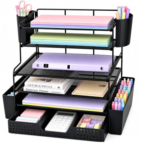 Image of OPNICE Desk Organizer, 6-Tier Desktop File Organizer with Drawer and Pen Holders, Office Desk Accessories, File Sorters, Workspace Organizers for Office Supplies(Black)