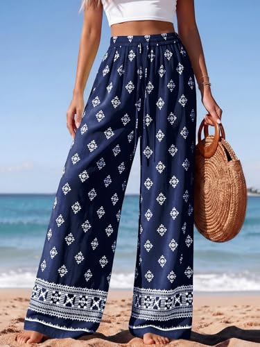 Image of PRETTYGARDEN Womens Pants Elastic Waist Floral Lightweight Palazzo Pants for Women Casual Lounge Wide Leg Pants Woman