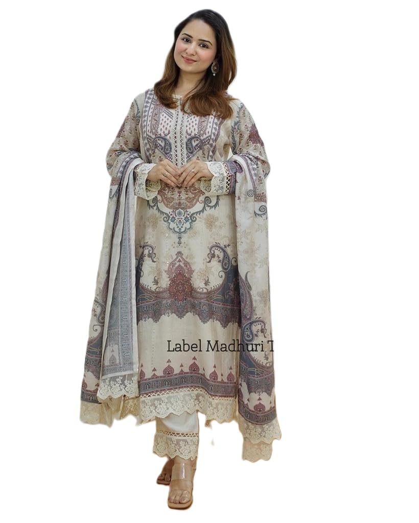 GenericPranitha Muslin Ivory Pakistani Suit Which Is Beautifully Decorated With Digital Prints, Sequin Embroidery And Lace
