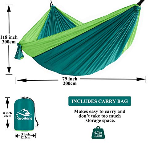 Favorland Camping Hammock Double & Single with Tree Straps for Hiking, Backpacking, Travel, Beach, Yard - 2 Persons Outdoor Indoor Lightweight & Portable with Straps & Steel Carabiners Nylon (Green) - Image 3