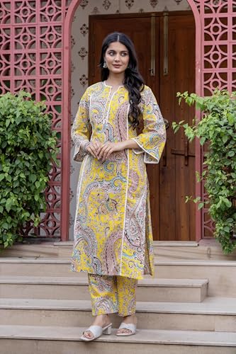 Image of Pistaa's Women Pure Cotton Paisley Printed A-Line Kurta with Pants Set