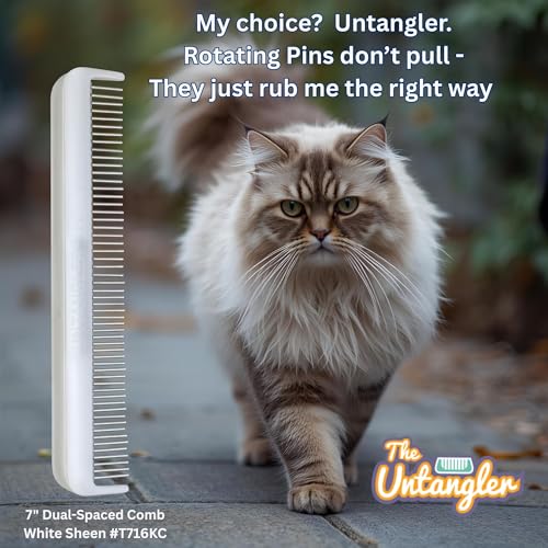 Image of Cat Comb - 7 inch Dual-Spaced with Silky Smooth Rotating Teeth (White Sheen), Stainless Steel, for Cat Hair and Fur