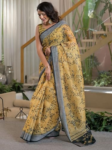 Image of Satrani Women's Linen Printed & Embroidery Ready To Wear Saree with Unstitched Blouse Piece