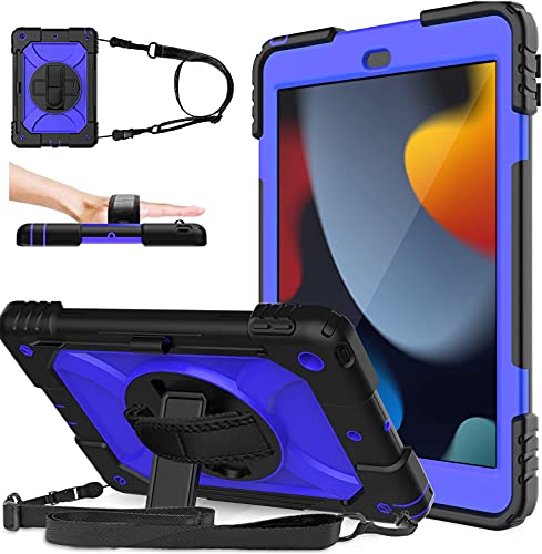 Ledniceker Ipad 9Th/8Th/7Th Generation Case, Ipad 10.2 Case, Three Layer Protective Kids Case With [360 Rotating Stand] [Hand Strap] [Pencil Holder] For Ipad 10.2 9Th Gen 2021/2020/2019- (Blue+Black) #TOP9