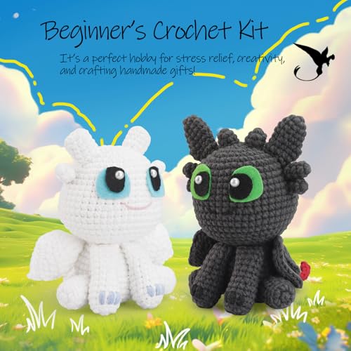 Image of Crochet Kit for Beginners,Beginner Crocheting Animals Kits w Step-by-Step Video Tutorials, Knitting Starter Pack for Adults and Kids,2 Pack Dragon