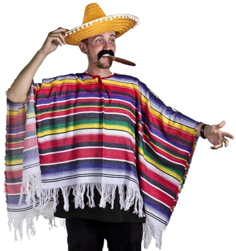 Adults Mexican Costume - Multicoloured Poncho, Orange Sombrero, Black Stick-On Moustache - Mens Womens Mexico Cinco de Mayo Mariachi Bandit Fancy Dress Costume