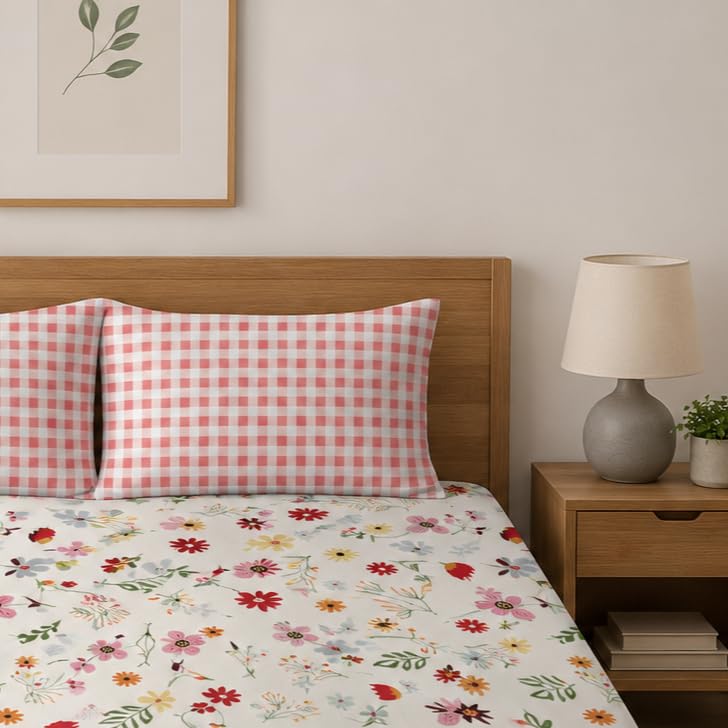 Image of LOOMLYFE 300 TC Microfiber XXL Soft Cotton Super King Size Bedsheet for Double Bed, King Size 108 Inches X 108 Inches, 9 Feet, 275 X 275 cm with 2 Large Size Pillow Covers - RedPinkFlowers
