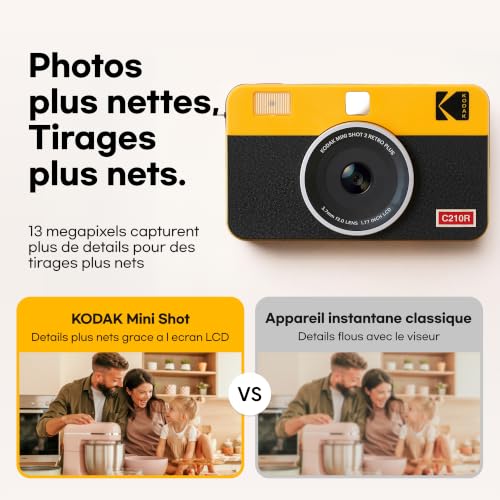 Kodak Mini Shot 2 Retro Cadeau Noel 4PASS Appareil Photo instantané 2 en 1 avec imprimante Photo (5,3 x 8,6 cm) + 8 Feuilles, Jaune