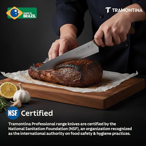 Image of TRAMONTINA Professional Chef Knife 25 cm | Sub-Zero Treated Stainless Steel Blade | Antimicrobial Polypropylene Handle | Heavy-Duty Meat Cutting & Butcher Knife | Brown
