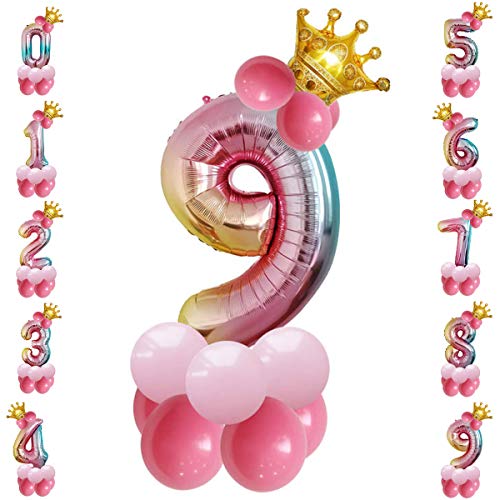 Tianhaik - Globo gigante de aluminio con números de globo inflado de aire, con diseño de corona de purpurina, para decoración del hogar, fiestas, cumpleaños., Lámina de aluminio., 9, 32 pulgadas Cover