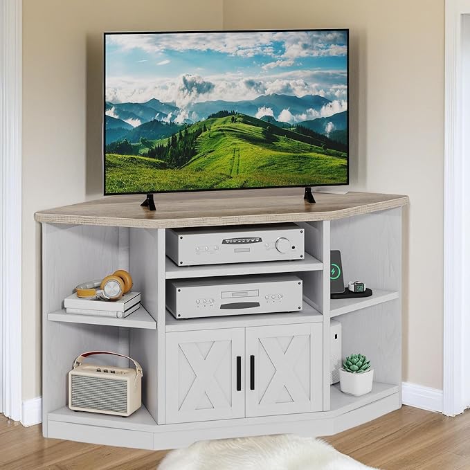 DWVO Farmhouse Corner TV Stand for Living Room, TV Stand for 55 Inch TV, Entertainment Center with Storage and Power Outlet, TV Console Cabinet, Grey Wash & Grey White