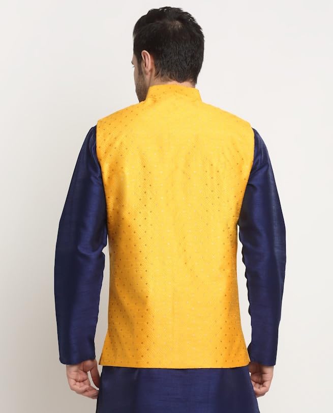 Image of KRAFT INDIA Polka Dot Silk Nehru Jacket Only in Yellow Color S, Ethnic Traditional Wear