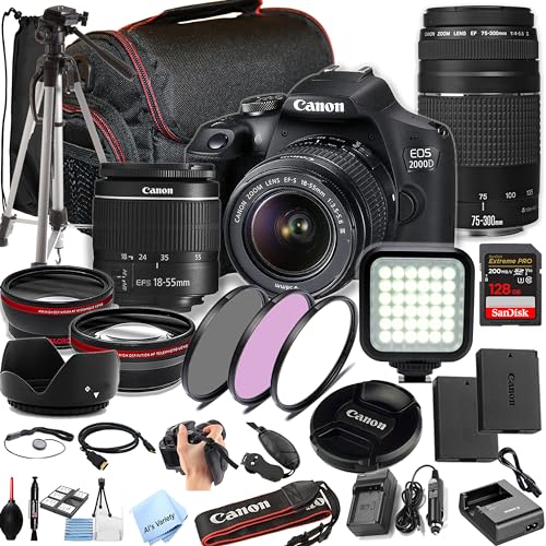 Canon EOS 2000D / Rebel T7 W/18-55mm + 75-300mm Lenses + 128GB Extreme Speed Card, LED Video Light, Camera Case, Tripod,Spare Battery, Filter Kit, More (Essential DSLR Kit) (Renewed)