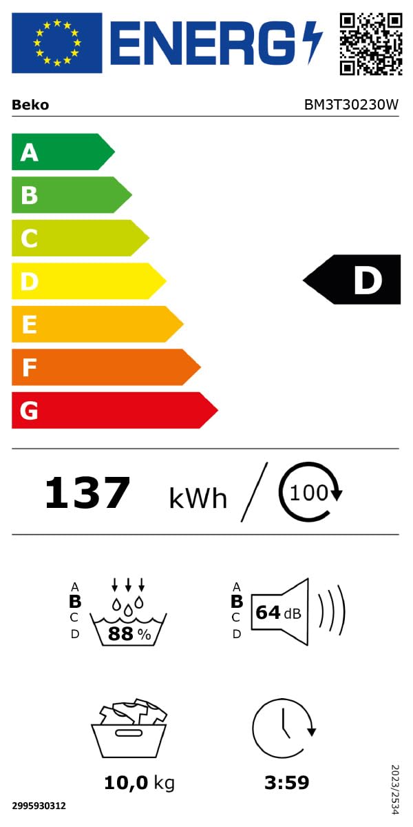 Beko BM3T30230W Wäschetrockner, 10 kg, Frontlader Wärmepumpentrockner, 15 Programme, Sensortrocknung, Säulenfähig, Aquawave Schontrommel, Weiß