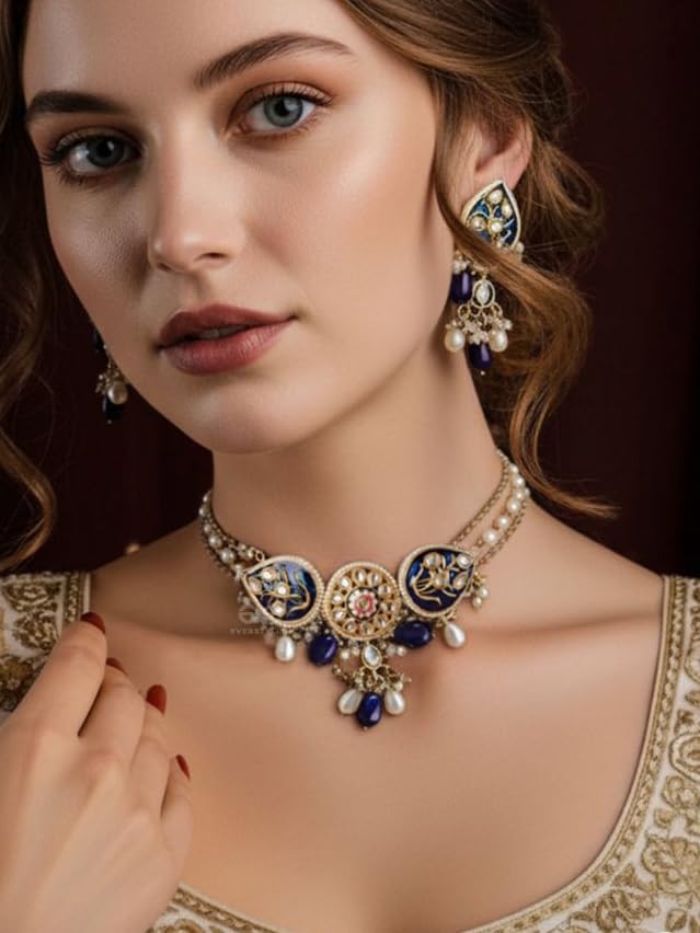 Image of SANJOYA BY EVERSTYLISH Nilachandrika Moonlight Of The Blue Sky Handmade Kundan Set With Necklace And Earrings Lightweight Jewelry For Women | Party, Festive, Wedding & Gifting