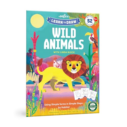 eeBoo: Learn to Draw – Wild Animals – Drawing Guidebook, 50+ Stickers, Themed Step-by-Step Lessons, Simple Forms in Simple Steps, Kids Ages 5+