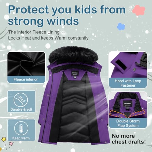 Girl's Winter Coats Kids Waterproof Long Puffer Jacket Thicken Fleece Lined Ski Parka with Detachable Fur Hooded3