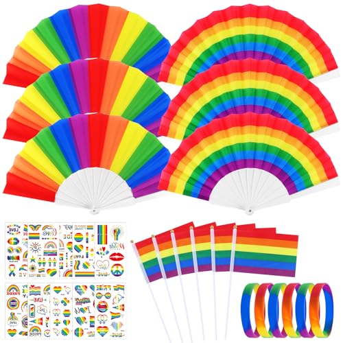 Leans arco-íris conjunto de leques de arco-íris 28 peças leques dobráveis de mão com pulseira tatuagem da bandeira do arco-íris para o verão mulheres homens acessórios decoração de festas