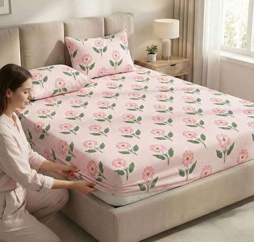 Image of BSB HOME Cloud Cotton King Size Fitted Bedsheet 78 x 72 + 10 Inches | 220 Thread Count Soft & Breathable Cotton Fitted Bed Sheet with Elastic, Deep Pocket Bedding for Home (Pink)