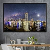 Framed Canvas Wall Art City Illuminations Aerial Cityscape Contemporary Multicolor Photography Places Realism - 16x24 inches