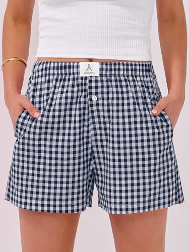 Image of ANRABESS Boxer Shorts for Women Gingham Pajama 2026 Summer Casual Lounge Sleep Plaid Shorts Y2K Beach Bottoms