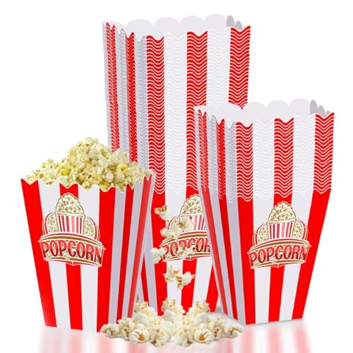 Image of 100Pcs Red White Striped Classic Popcorn Bucket, Disposable Popcorn Boxes for Movie Night, Home Halloween, Thanks Giving, Christmas Party