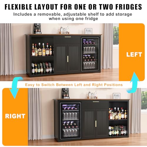 GDLF Long Coffee Bar Cabinet with Fridge Space, Modern Wine Liquor Cabinet with Storage & Power Outlet, Buffet Sideboard with Fluted Doors for Home, 70.1 Inch, Black