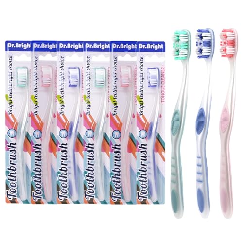 Image of DR.BRIGHT Adult Toothbrushes Medium 6 Pack | Medium Toothbrush for Adults with Tongue Scraper & Ergonomic Handle | Individual Packaging Travel Toothbrush BPA-Free, Assorted Colors