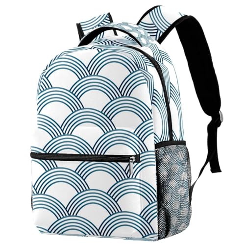 Sac à dos d'école Sashiko au motif poétique d'écailles blanc, bleu et multicolore