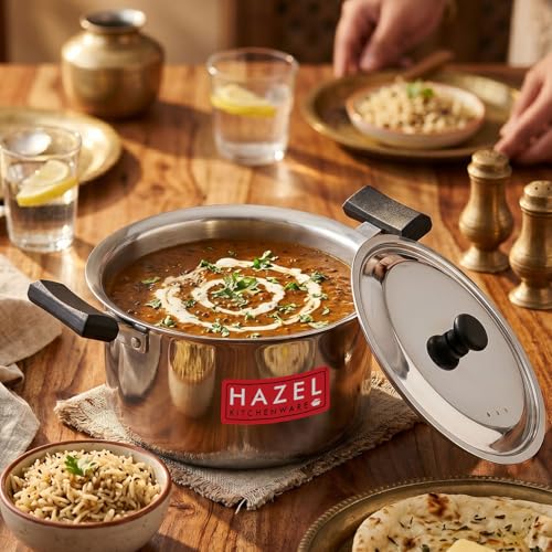 Image of HAZEL Stainless Steel Tope with Lid 2.5 Litre | Flat Bottom Patila with Cool Touch Handles | Milk Tope for Induction Cooktop & Gas | Steel Bhagona with Lid, 17.5 cm