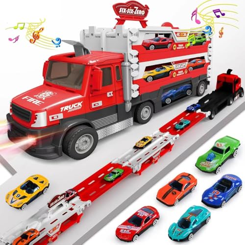 Image of Happy Hues Big Hauler Storage & Deform Truck Toy with 55 inch 2 Ejection Race Track & 6 Cars- Catapult Truck with LED Light & Music for Kids (Red)