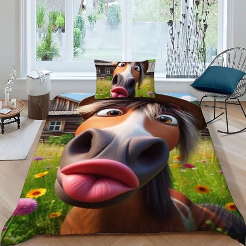 Housse de couette poney imprimé 3D animaux en microfine douce