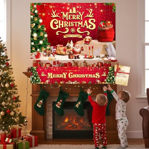 Image of Large Christmas Party Banner and Backdrop for Indoor & Outdoor, Yard Garden Halloween Decorations & Party Supplies (Red)