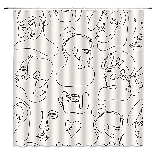 Abstract Face Shower Curtain Woman Face Line Modern Aesthetic Medieval Black and White Line Minimalism Creative Sketch Aesthetic Art Bathroom Decor Polyester Curtains with Hooks