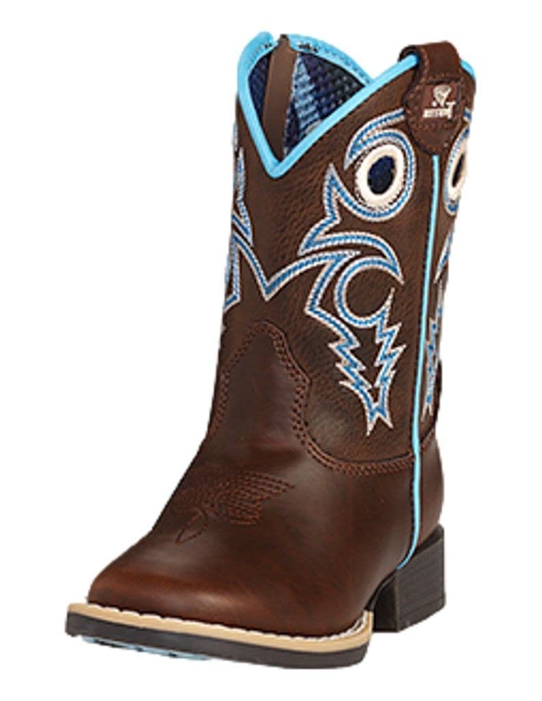 TW?STER Hudson Toddler Boots, Side Zipper, Brown with White and Blue Stitched Pattern, Pull Holes, Toddler Size 6