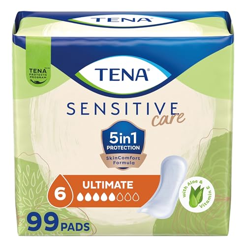 Image of TENA Incontinence Pads, Bladder Control & Postpartum for Women, Ultimate Absorbency, Aloe and Vitamin E, Sensitive Care - 99 Count