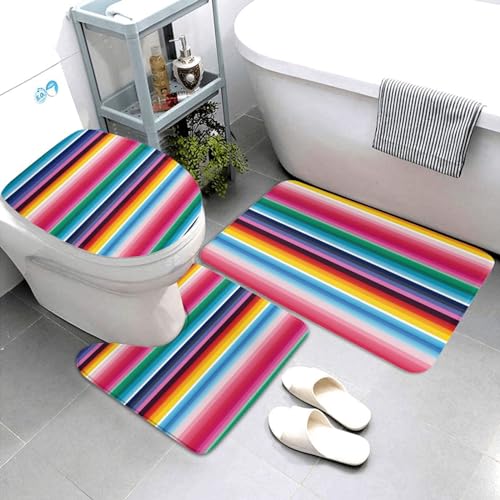 Dwrepo Colorful Mexican Stripes Print Bathroom Rug Set 3 Piece with Non-Slip U-Shaped Contour Mat and Toilet Lid Cover for Bathroom Decoration