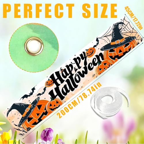 Image of Halloween Pumpkin Outdoor Banner 78.7 x 17.7 Inch Happy Halloween Scene with Jack O Lanterns Witch Hats Bats and Spider Webs for Yard Garden Fence Porch Patio or Outdoor Decoration