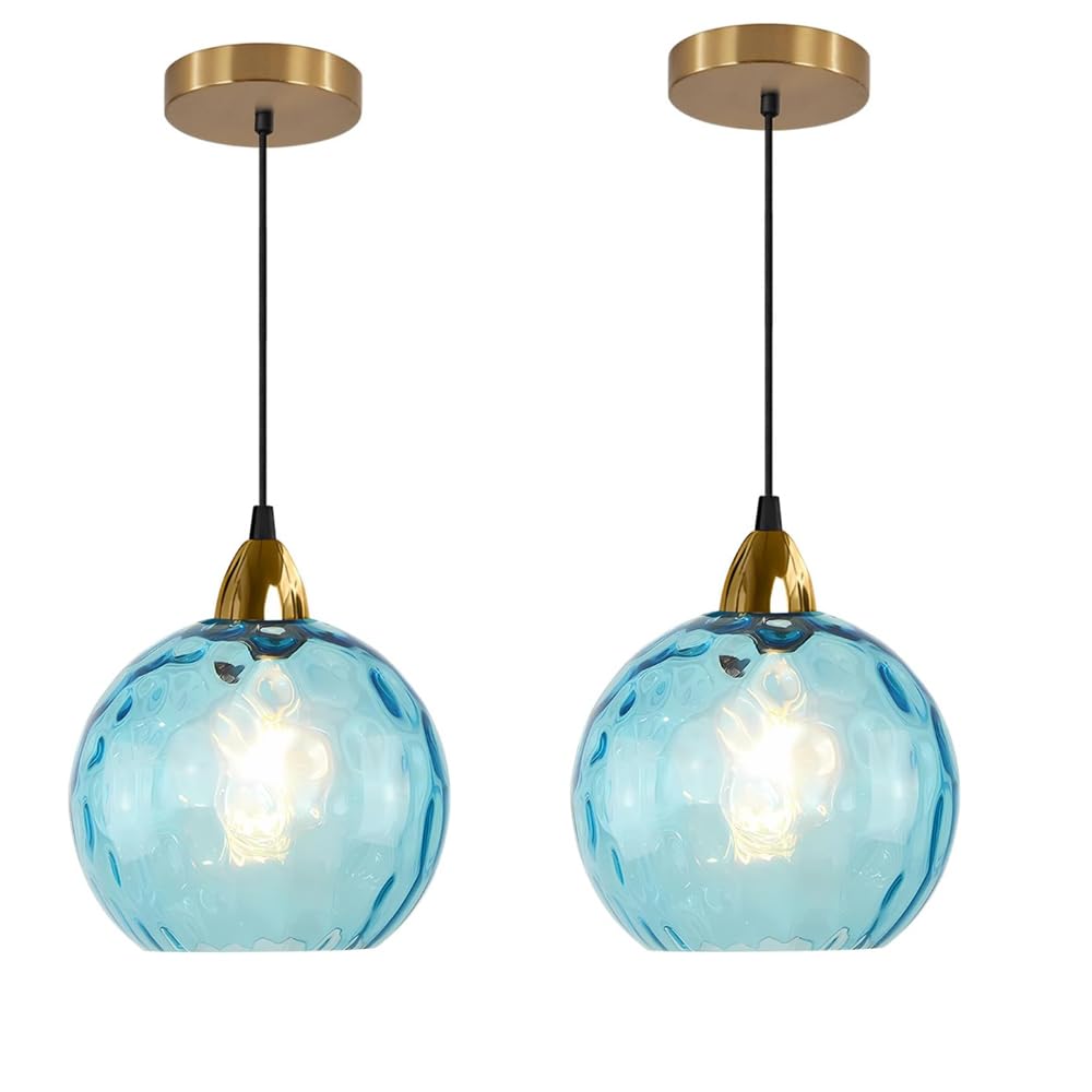 BOKT Modern Blue Glass Pendant Light 2-Pack Kitchen Island Globe Striped Pendant Lights Farmhouse Adjustable Cord Hanging Light Fixture for Dining