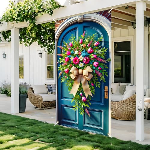Image of Spring Tulip Bouquet Door Cover 35x71in Hydrangea Bow
