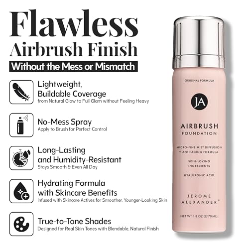 Jerome Alexander MagicMinerals AirBrush Foundation – 2 Piece Set with Airbrush Foundation and Kabuki Brush - Spray Makeup with Anti-aging Ingredients for Smooth Radiant Skin - Light Medium