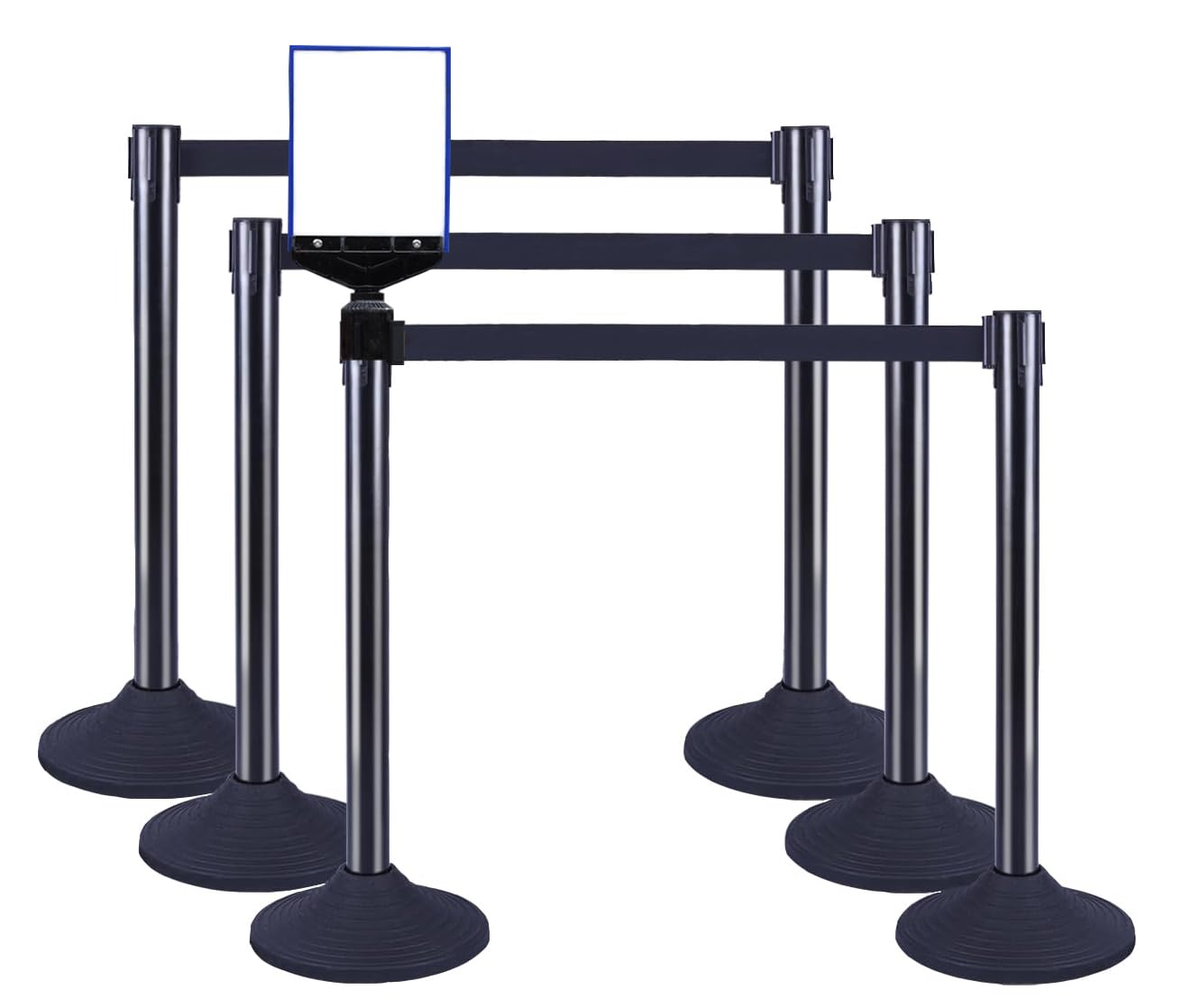 41" Black Crowd Control Stanchion Set, Stable Heavy-Duty Rubber Base with 10 Feet Retractable Belt Crowd Control Barriers, Retractable stanchions for Outdoor Safety (6 Pack)