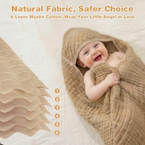 Image of Muslin Hooded Baby Towels 2-Pack, 6-Layer 100% Cotton Baby Bath Towels for Newborns, Infants and Toddlers, Large 32 x 32 Inch, Ultra-Soft, Highly Absorbent Hooded Bath Essentials, Beige & Coffee