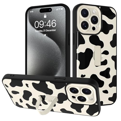 Image of for iPhone 15 Pro Max Case with Finger Strap Holder, Cute Cool Cow Print Pattern Design for Women Men, Shockproof Anti Scratch Hand Kickstand Protective Cover, White