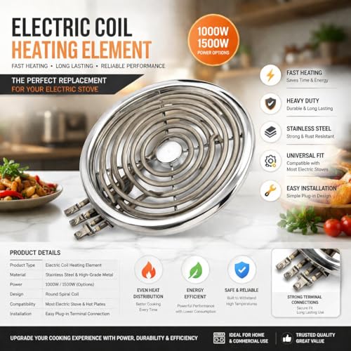 Image of Johnpower Heavy Duty Electric Coil Heating Element 1000W /1500W - Round Spiral Hot Plate Burner for Electric Stove | Durable Stainless Steel Heating Coil | Fast Heating Cooktop Replacement Element