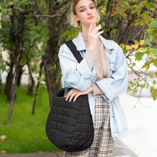 Image of Quilted Puffer Tote Bag Adjustable Shoulder Strap NylonTote Bag Trendy Oversized Shoulder Bag for Women Travel Casual