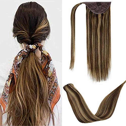 LaaVoo Clip in Ponytail Extension Wrap Around Human Hair One Piece Remy Straight with One Clip in Comb Natual Hair (14 Inch, 4/27)