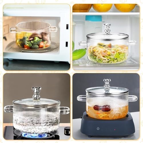 Image of Dimitra Teddy Big Size Glass Serving Bowl with Lid Cooking Pot Mixing Bowl with Lid Microwave Safe Heat Resistant Serveware Mixing Pot Casserole Serving Dish (1600 ML)(Pack of 1)